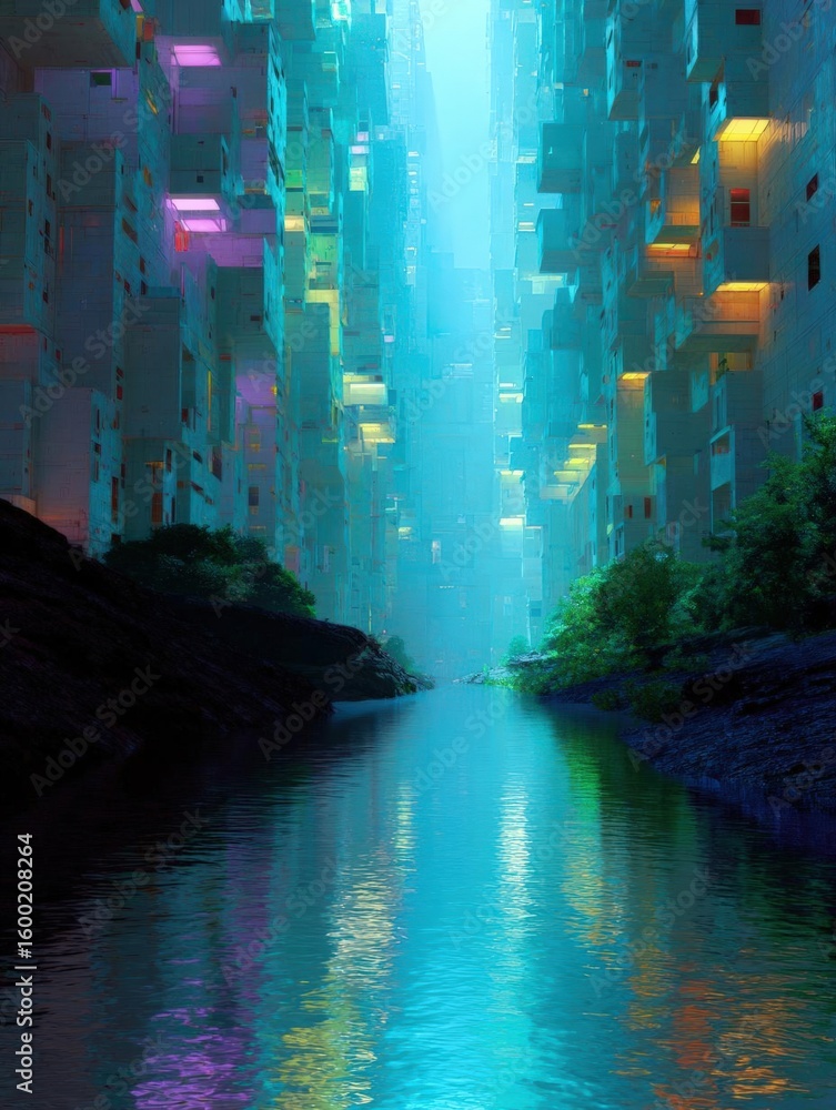 Obraz premium Digital art piece that appears to be a futuristic cityscape. the city is made up of tall buildings with multiple levels, each with a unique architectural design.