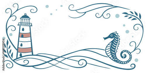 Vintage Coastal Landscape Illustration: Lighthouse Beacon Overlooking a Small Sailboat and Seagulls, Rendered in Blue Tones.