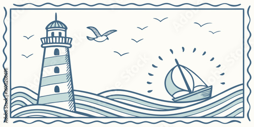 Charming Hand-Drawn Nautical Scene: Striped Lighthouse, Sailing Boat on Wavy Sea, and Flying Birds, Framed by a Decorative Border.