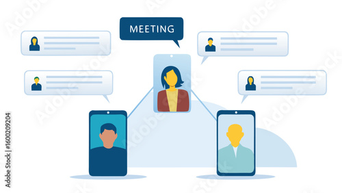 Illustration of a virtual meeting with participants connected through their mobile devices online call 100