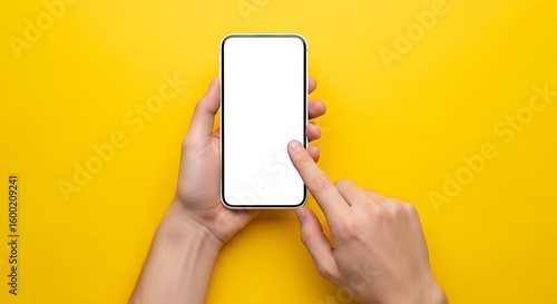 Wallpaper Mural Two hands holding a smartphone with a blank white screen against a yellow background Torontodigital.ca