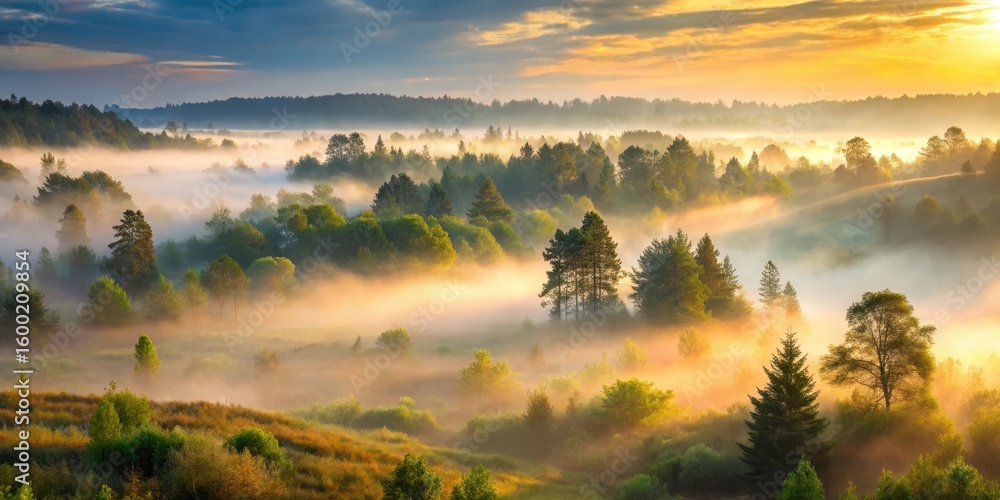 Fototapeta premium Dew-kissed forest landscape at sunrise with misty fog rolling in