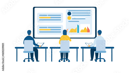 Three people attending a presentation with charts and graphs on a large screen at the front of the room