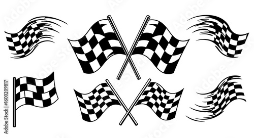 Dynamic black and white racing flags in motion with checkered patterns