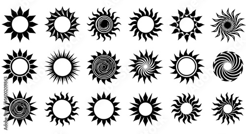 Collection of sun icons with radiant patterns and spirals in black and