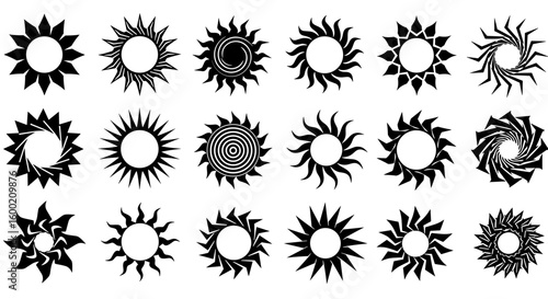 Collection of abstract sunburst designs with geometric patterns in bla