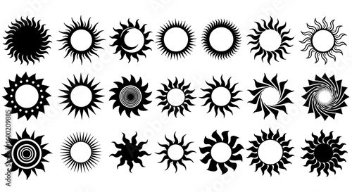 Collection of sun silhouettes in diverse artistic styles for design pr