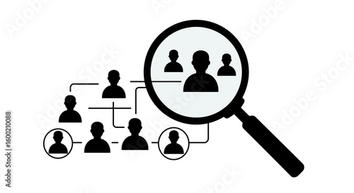 Magnifying glass analyzing network of people connections in silhouette