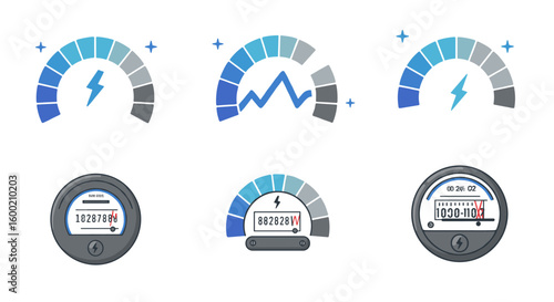 Energy consumption meters and gauges in flat design for utility monito