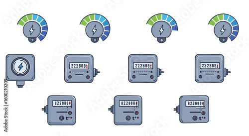 Electric meter and gauge icons in cartoon style for energy management