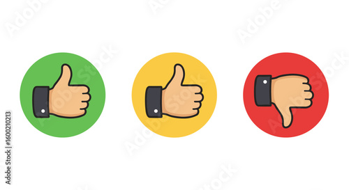 Thumbs up and down icons in flat style with colorful circles for feedb
