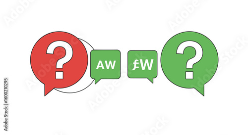 Red and green speech bubbles with question marks and text in between