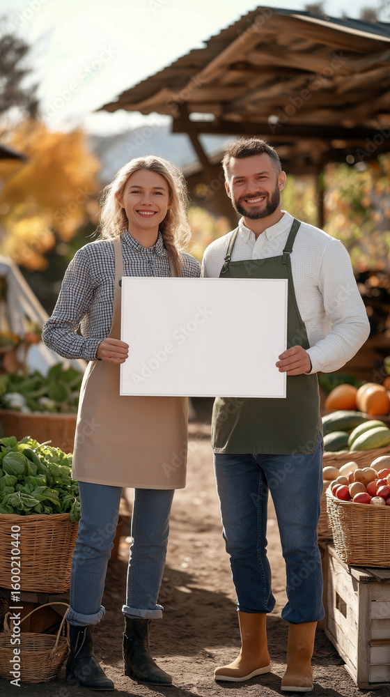 Naklejka premium Couple stands together in a market holding a blank sign during autumn harvest season