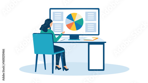 Woman sitting at desk looking at pie chart on computer screen with document and chair nearby
