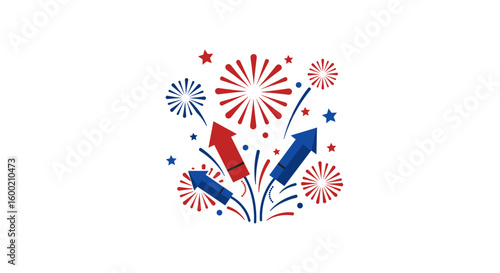 Festive red and blue fireworks with rockets and stars on white backgro