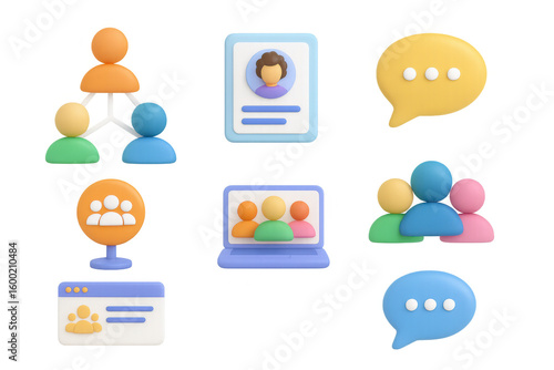 Colorful 3d icons of communication and networking elements with people and devices