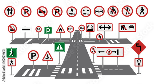 Comprehensive set of road signs including stop, speed limit, and pedes