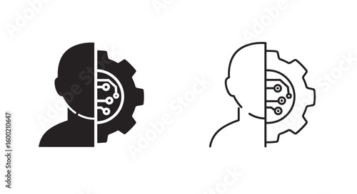 Human technology integration icon: half gear, circuit design in modern