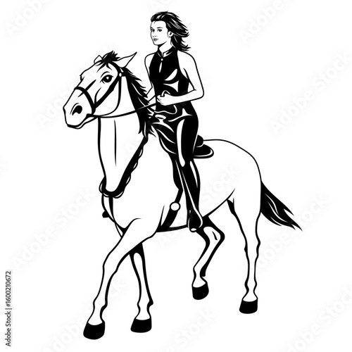 Woman Riding Horse. Black and white vector clipart.