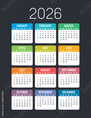 Year 2026 American colorful calendar on dark background, weeks start Sunday, USA vacations, vector template in English