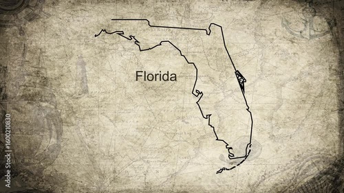 Florida map drawn on a cartography background sheet of paper