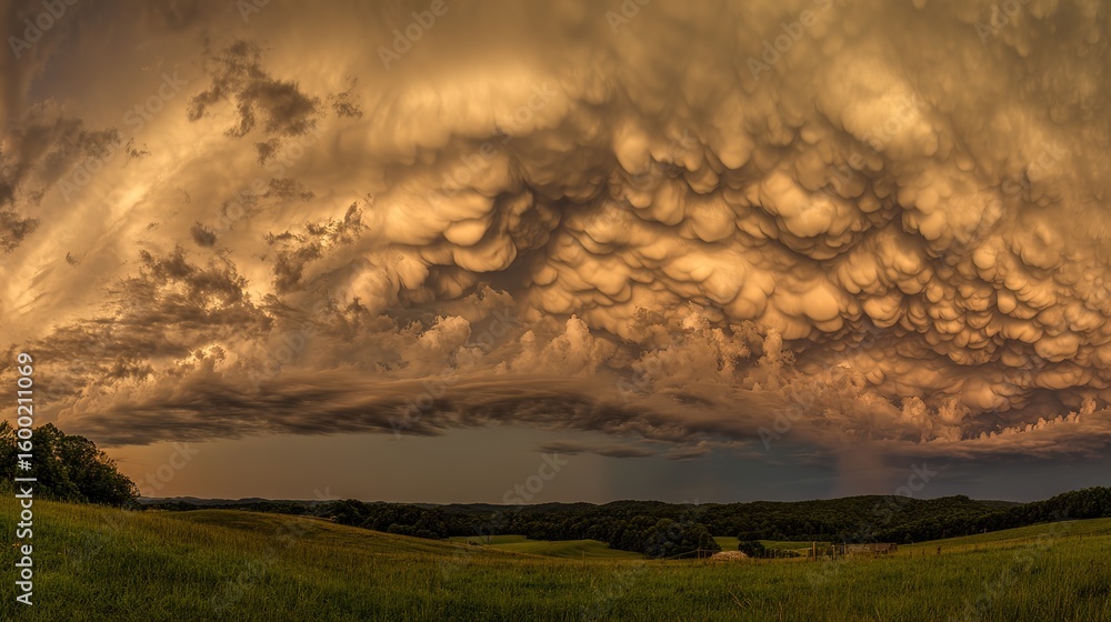 Obraz premium Dramatic golden hour sky with vibrant sunset hues blending into dynamic cloud formations, capturing nature's grandeur.