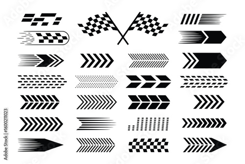 Racing car stripes set with checkered flag, finish line, dynamic lines, and motocross labels for motorsport and automotive competition designs
