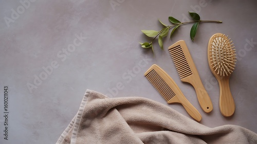 Wooden combs and brush with green leaves and towel hair grooming