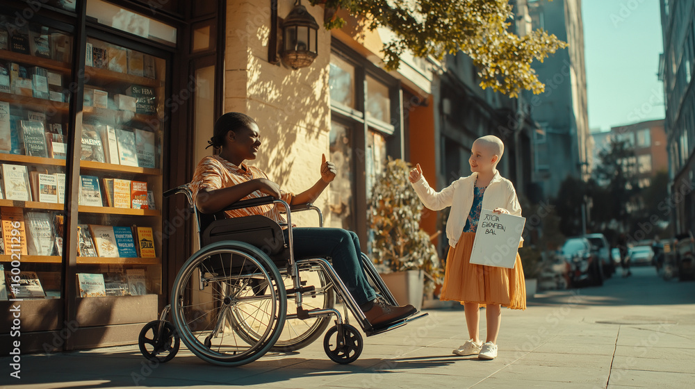 Obraz premium Child offers help to person in wheelchair on city street during sunny day