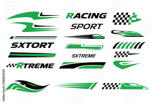 Racing-themed graphic set with dynamic stripes, checkered flag elements, speed swooshes, and bold green-black sport text like RACING, SPORT, EXTREME, in modern motorsport style design