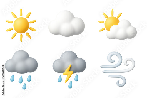 Colorful weather icons set with sun, clouds, rain, thunder, and wind - 3d style
