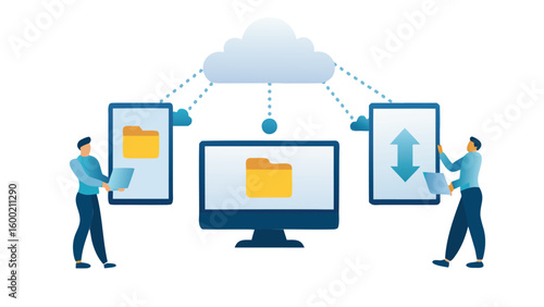 Illustrative depiction of cloud computing with devices and people for data sharing and networking