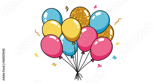 Colorful party balloons cluster with sparkle accents on white backgrou