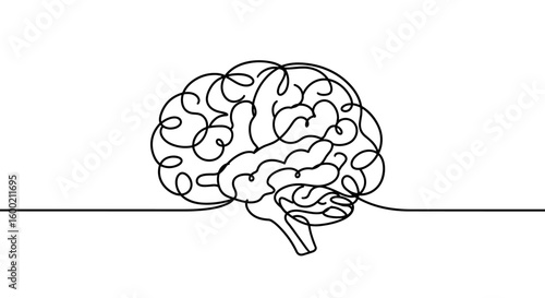 Continuous line art brain drawing on white background