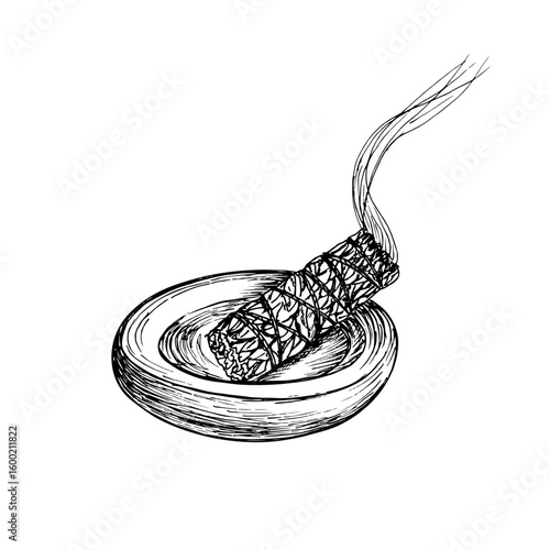 Smoldering herbs for fumigation vector sketch drawing. Smudge stick incense illustration in engraving style. Hand drawn line art clipart