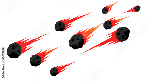 Dynamic flat style meteors with fiery trails on white background