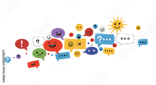 Colorful speech bubbles with diverse emoji faces expressing different