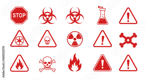 Red hazard symbols collection: stop, biohazard, skull, flame, radiatio