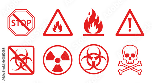 Red warning signs for hazardous materials and safety precautions