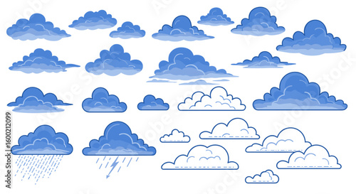 Collection of blue cloud designs with various shapes and styles for we