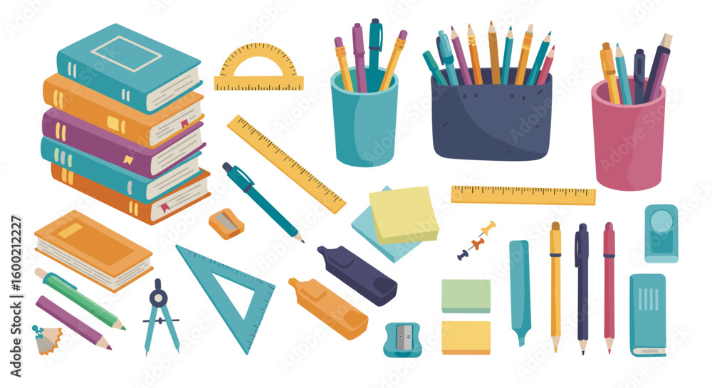Colorful school supplies with books, rulers, and pencils on white back Colorful school supplies with books, rulers, and pencils on white back