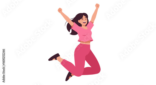 Joyful woman jumping in excitement on white background