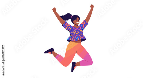 Joyful woman in colorful attire jumping against white background