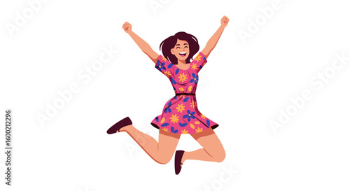 Joyful young woman jumping in floral dress celebrating with raised arm