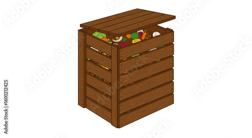 Wooden compost bin filled with organic waste in cartoon style