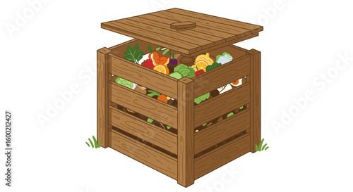 Wooden compost bin filled with colorful organic waste in hand-drawn st