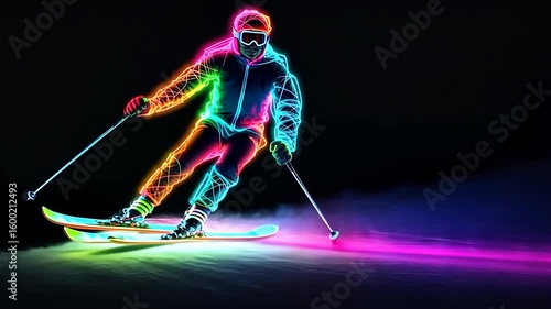 Man skiing with neon effect. Speed of movement.	