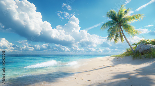 Wallpaper Mural Tropical beach paradise with palm tree and turquoise ocean view Torontodigital.ca