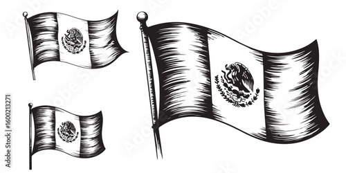 Three Black and White Illustrations of the Flag of Mexico Depicted with Striking Detail and Artistic Flair