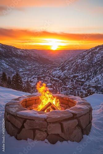 Stone fire pit blazing on a snowy mountain ridge at sunset, a perfect retreat for warmth and scenic outdoor adventure.